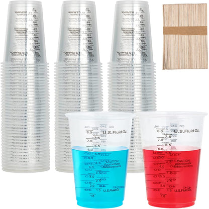 100 PACK 10 Oz Plastic Measuring Cups, with 100 Wooden Mixing Sticks1