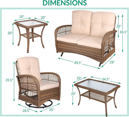 5-Piece Outdoor Patio Wicker Conversation Sets, All Weather Outdoor Rattan Furniture Set Includes Glider Loveseat, 2 Coffee Table, 2 Swivel-Gliders Chairs with Cushions, Light Brown6