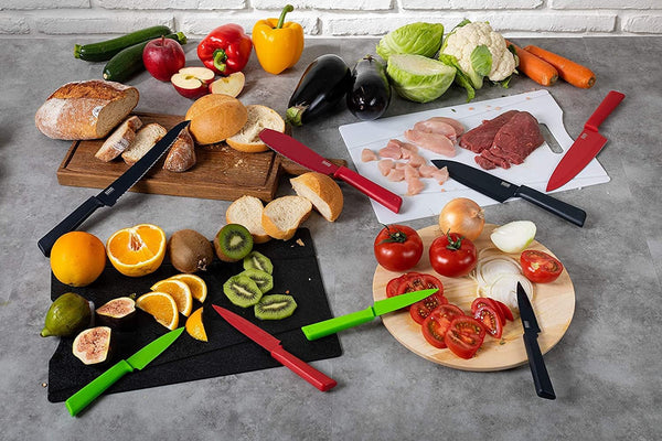 COLORI+ Mixed Knife Set with Non-Stick Coating and Safety Sheaths, Set of 3, Green, Red and Graphite Grey6