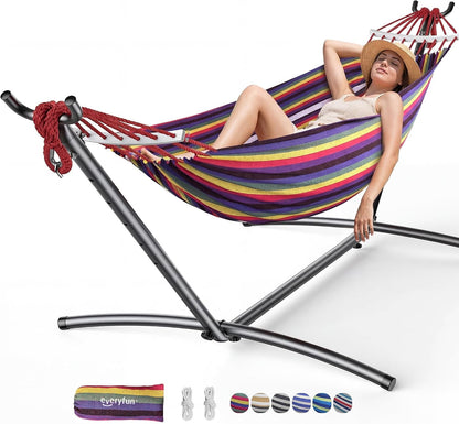 Double Hammock with Stand for 2 Person, 600 Lbs Heavy Duty Cotton Bed with Steel Stand, Free Standing for Outdoor Indoor Patio, Carrying Bag Included1