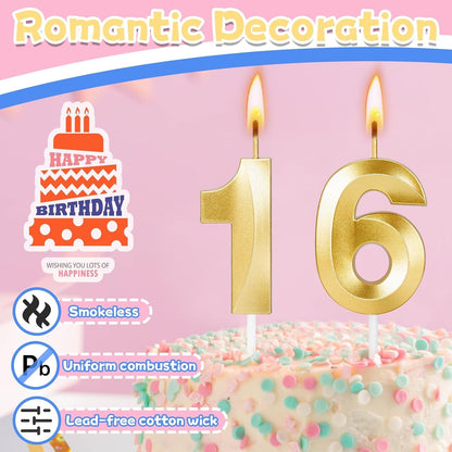Sweet 16 Birthday Decorations, Gold Number 16 Candles for Cake4