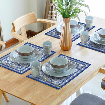 Blue Floral Branches Placemats Set of 4 ，12 X 18 Inch Chinoiserie Table Mats Washable Heat Resistant Linen Fabric Rectangle Place Mat for Indoor Outdoor Kitchen Dining Home Decor7