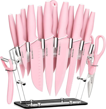Knife Set with Clear Block and Sharpener 22Pcs Pink | Dishwasher Safe, Space-Saving Clear Knife Block, for Everyday Home Cooking1