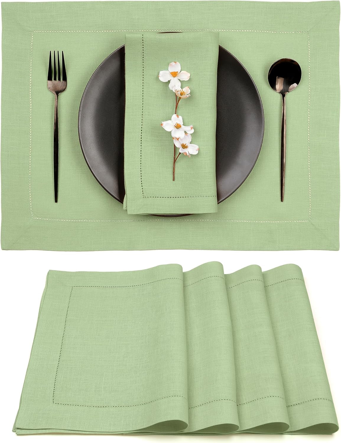 signature-linen™-by-dmoksha-sage-green-placemats-set-of-4-14-x-19-inch-100-pure-linen-table-mats-hemstitch-machine-washable-cloth-placemats-fall-weddings-outdoor-hosting