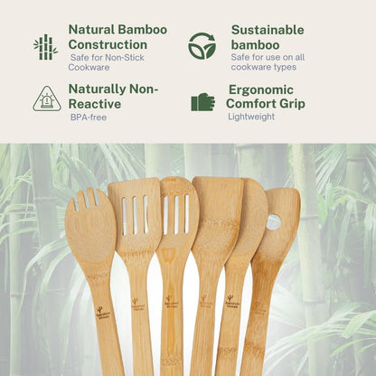 6 Piece Kitchen Utensils Set - Bamboo Cooking Utensils with Comfort Grip, Including Bamboo Spoons, Shovels & Spatulas | Wooden Utensil Set for Non-Stick Pans, Kitchen Essentials2