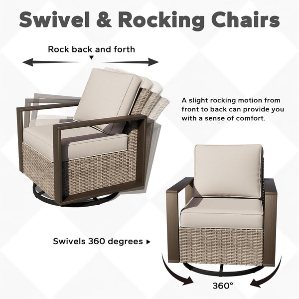 Outdoor Patio Swivel Rocker Chairs Set, 4 Pieces Wicker Rattan Chairs with Metal Wide Armrest, Thick Cushions and Deep Seating for Garden, Backyard, Porch, Deck6