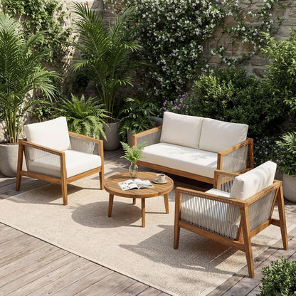 Lalulu 4-Seater Patio Furniture Set with Cushion, 4 Piece Outdoor Acacia Wood Conversation Set, Sold Wood Outdoor Sectional Sofa Set with Coffee Table, Teak+Beige1