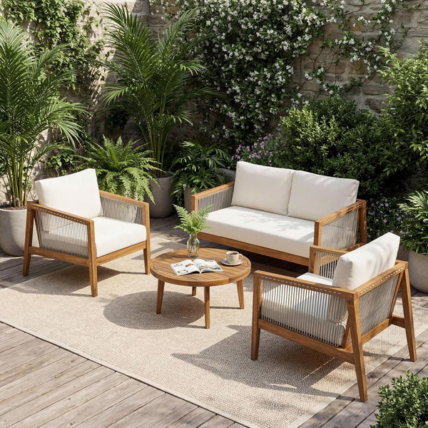 Lalulu 4-Seater Patio Furniture Set with Cushion, 4 Piece Outdoor Acacia Wood Conversation Set, Sold Wood Outdoor Sectional Sofa Set with Coffee Table, Teak+Beige1
