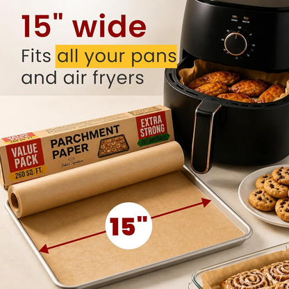260 Sq.Ft Unbleached Parchment Paper for Baking - Roll with Cutter | Heavy Duty Non-Stick Brown for Cooking, Grilling, Steaming and Air Fryer, 15" X 210Ft by4