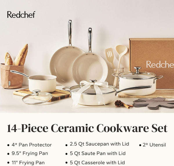 Ceramic Nonstick Cookware Set,14Pcs Pots and Pans Set Non Stick,Induction Cookware with Stainless Steel Handle,Non Toxic Kitchen Cooking Set,Dishwasher & Oven Safe,Pfas PFOA & PTFE Free8