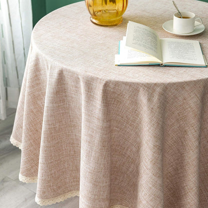 Linen Rustic Burlap Washable Tablecloth,Solid Heavy Weight 70 Inch round Overlay Lace Edge Table Cover for Kitchen Dinning Decoration2