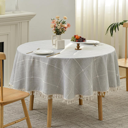 Lattice Embroidery Plaid round Tablecloth with Tassel, round 70 Inch, Grey1