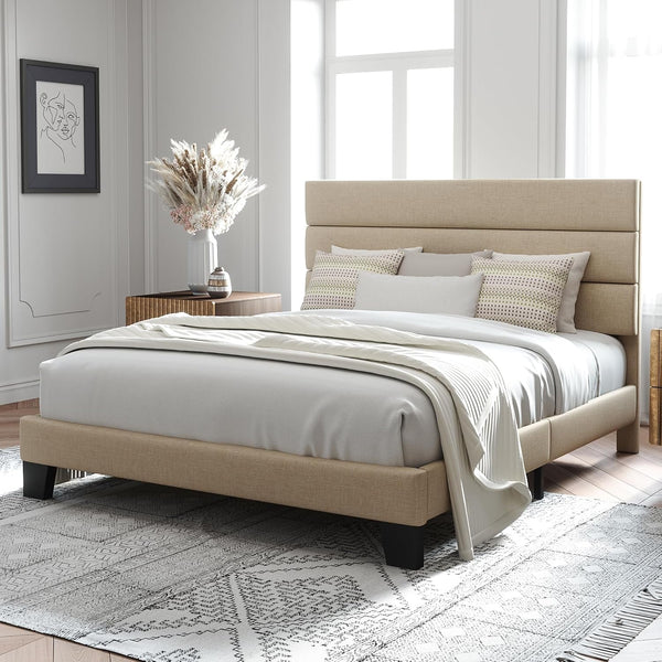 Queen Size Platform Bed Frame with Fabric Upholstered Headboard3