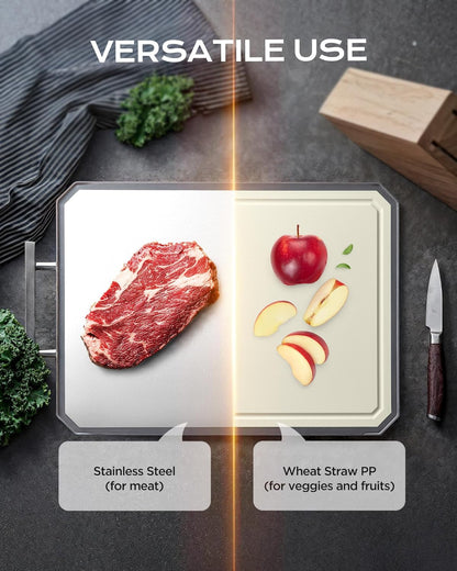 Stainless Steel Cutting Board,Non Toxic Chopping for Kitchen | Metal Cutting Board,Double Sided Stainless Steel/Wheat Straw Pp Large for Meat,Dishwasher Safe [16*11Inch]3