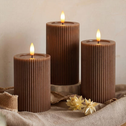 Fluted Ribbed LED Pillar Candles, Brown, with Reflective Melted-Wax Effect – Flickering Flame, Remote, Dimmable, Flameless, Battery Operated, Home & Wedding Decor (Set of 3)2