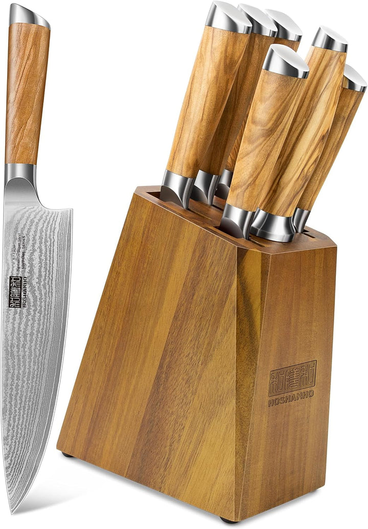 Damascus Knife Block Set 7PCS, Sharp Kitchen Knives with Sharpener | Professional Chef Knife Set | Japanese Super Steel | 15° Edge | 62 HRC | Ergonomic Olive Wood Handle | Ideal Cooking Gift