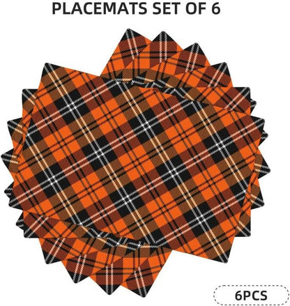 Plaid Placemat Set, Thanksgiving Halloween Orange Black Buffalo Check Pattern Home Decor Linen Table Mats for Dining Room Kitchens Party Cafe Festive Banquet Wedding Decor, 18" L X 12" W【6 PCS】3