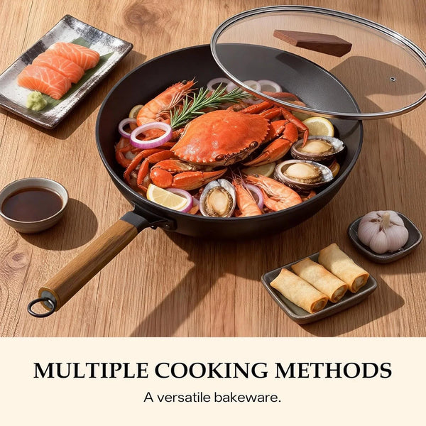 13 Inch Wok Pan with Lid, Healthy Nonstick Woks and Stir Fry Pans, Black | Silicone Spatula, Silicone Strainer, Standing Lid7