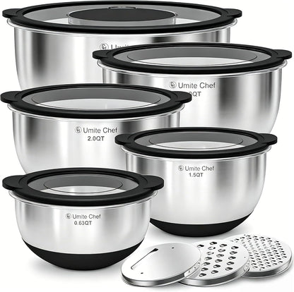 Mixing Bowls with Lids Set - Non-Slip, Airtight Warp-Proof TPR-AS Lids, Thicker Stainless Steel Bowls, Measurement Lines & 3 Graters, Prep Meal Bowl, Black Nesting Bowl for Kitchen, 5/3/2/1.5/0.63QT1