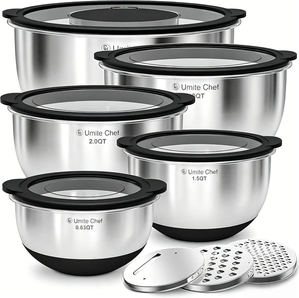 Mixing Bowls with Lids Set - Non-Slip, Airtight Warp-Proof TPR-AS Lids, Thicker Stainless Steel Bowls, Measurement Lines & 3 Graters, Prep Meal Bowl, Black Nesting Bowl for Kitchen, 5/3/2/1.5/0.63QT1