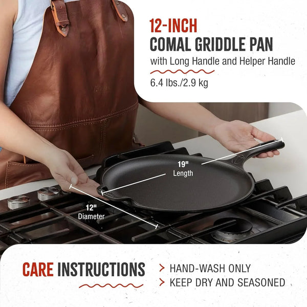12-Inch Cast Iron Comal Pizza Pan with a Long Handle and a Loop Handle, Preseasoned with Flaxseed Oil, Made in Colombia6