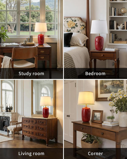 22 Inch Red Ceramic Table Lamps Set of 2, Fabric Lampshade Desk Lamp6