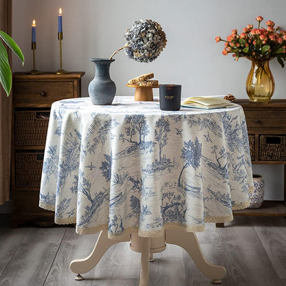 Rustic Tablecloth Classic French Village Printed Linen Fabric Table Cover Farmhouse Decoration 90 Inches round Blue for Kitchen Dining1
