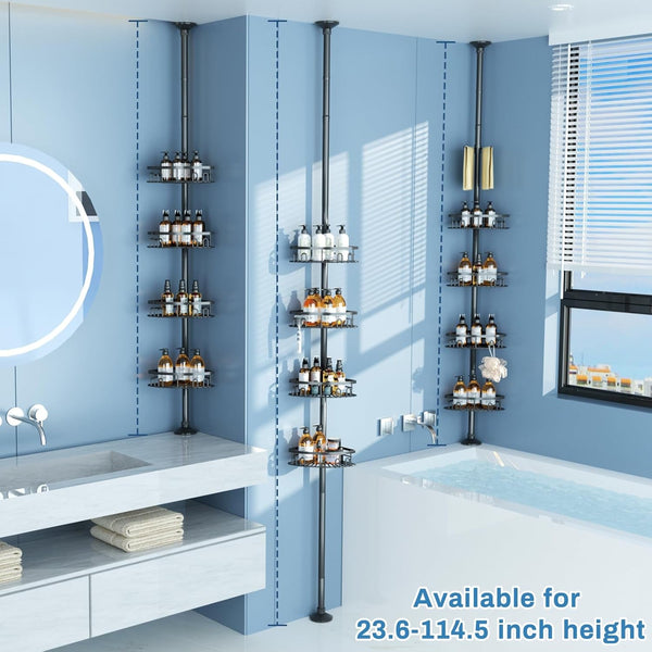 Rustproof Corner Shower Caddy Freestanding Tension Pole, 4 Large Baskets for Bathtub Shampoo Storage Organizer Bathroom Height Adjustable Shelves from 23.6 to 114.5 Inch with Towel Bar2