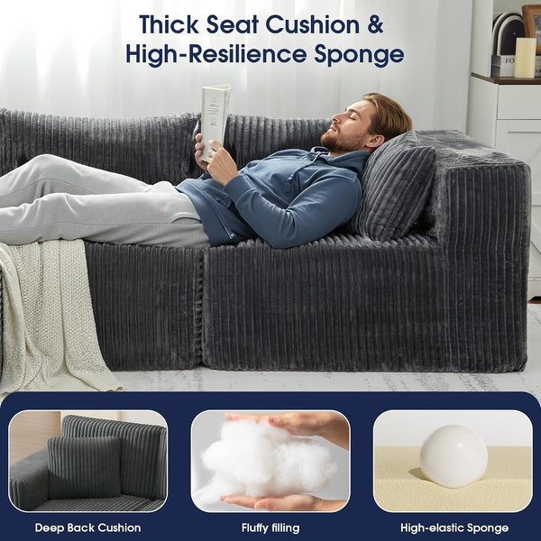 107'' Modular Sectional Sofa, L Shaped Cloud Couch for Living Room, Modern Plush Corduroy Boneless Sofa with Chaise for Bedroom, Gray5