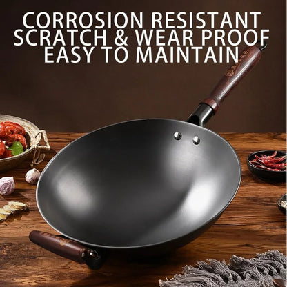 13 Inch Black Cast Iron Wok Pan round Bottom with Wooden Handle, Use on Gas Stove, Campfire Open Fire Stir-Fry, Physical Non Stick7
