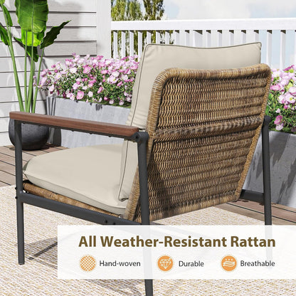 4-Piece Outdoor Furniture Set, Aluminum Patio Converation Set with Wicker Seat and Acacia Wood Armrest, Loveseat Sofa Set with Olefin Cushion and Wood Table for Garden Lawn Backyard3