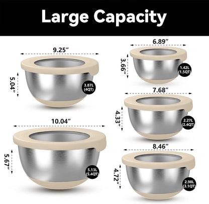 Stainless Steel Mixing Bowls with Lids – Set of 5 Large Nesting Metal Bowls for Kitchen, Baking, Cooking, Food Prep & Storage, Non-Slip Base, Dishwasher Safe,Khaki2