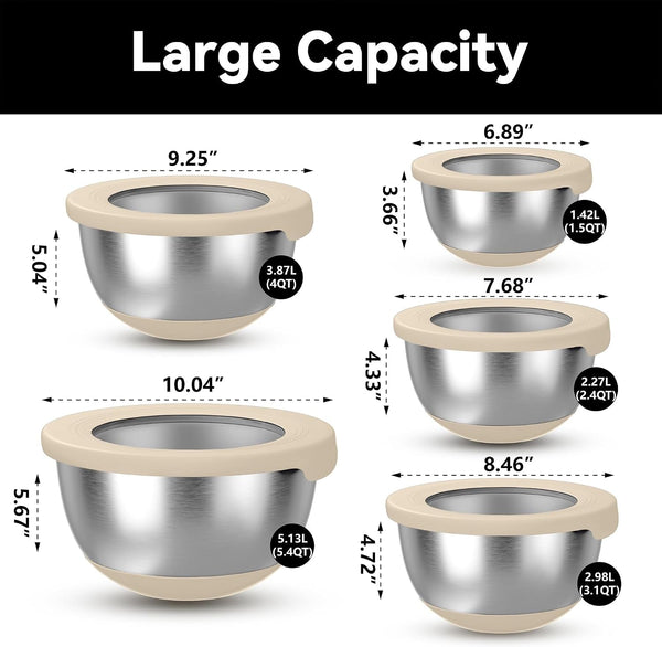 Stainless Steel Mixing Bowls with Lids – Set of 5 Large Nesting Metal Bowls for Kitchen, Baking, Cooking, Food Prep & Storage, Non-Slip Base, Dishwasher Safe,Khaki2