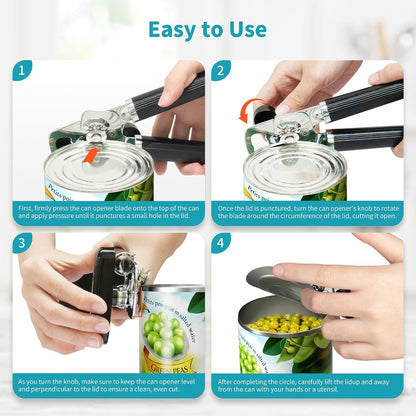 Manual Can Opener Bottle Opener, Heavy Duty Stainless Steel Smooth Edge Manual Hand Held Can Opener with Soft Touch Handle, Rust Proof Oversized Handheld Easy Turn Knob (Black)6