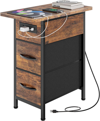 Narrow End Table with Charging Station, Side Table with 2 Drawers | Slim Night Stand with USB-C Port for Small Spaces, Flip Top Nightstand Bedside Couch Table, Living Room, Rustic Brown1