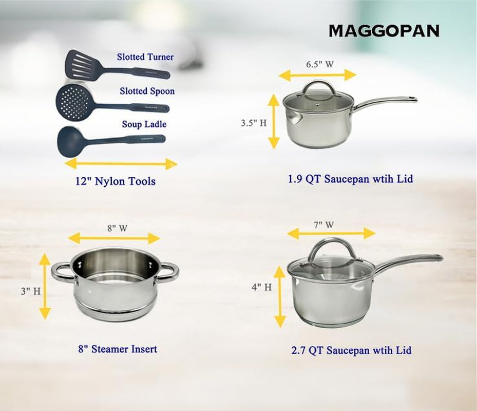 stainless-steel-saucepan-glass-lid-casting-steel-handle-induction-impact-bonded-8-pcs-set-steamer