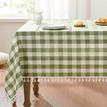 Checkered Tablecloth Rectangle, Linen Cotton Gingham Table Cloth with Tassel, Washable Buffalo Plaid Table Cover Wrinkle Free for Kitchen, Dining and Picnic - 55 X 84 Inch, Sage Green1