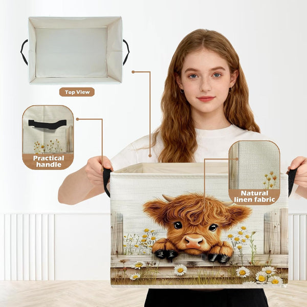 Farmhouse Highland Cow Storage Box Bins, Rustic Daisy Floral Heifer Collapsible Storage Basket Organizer for Girls Bedroom Laundry Room Home Clothes Books, Decor for Room2