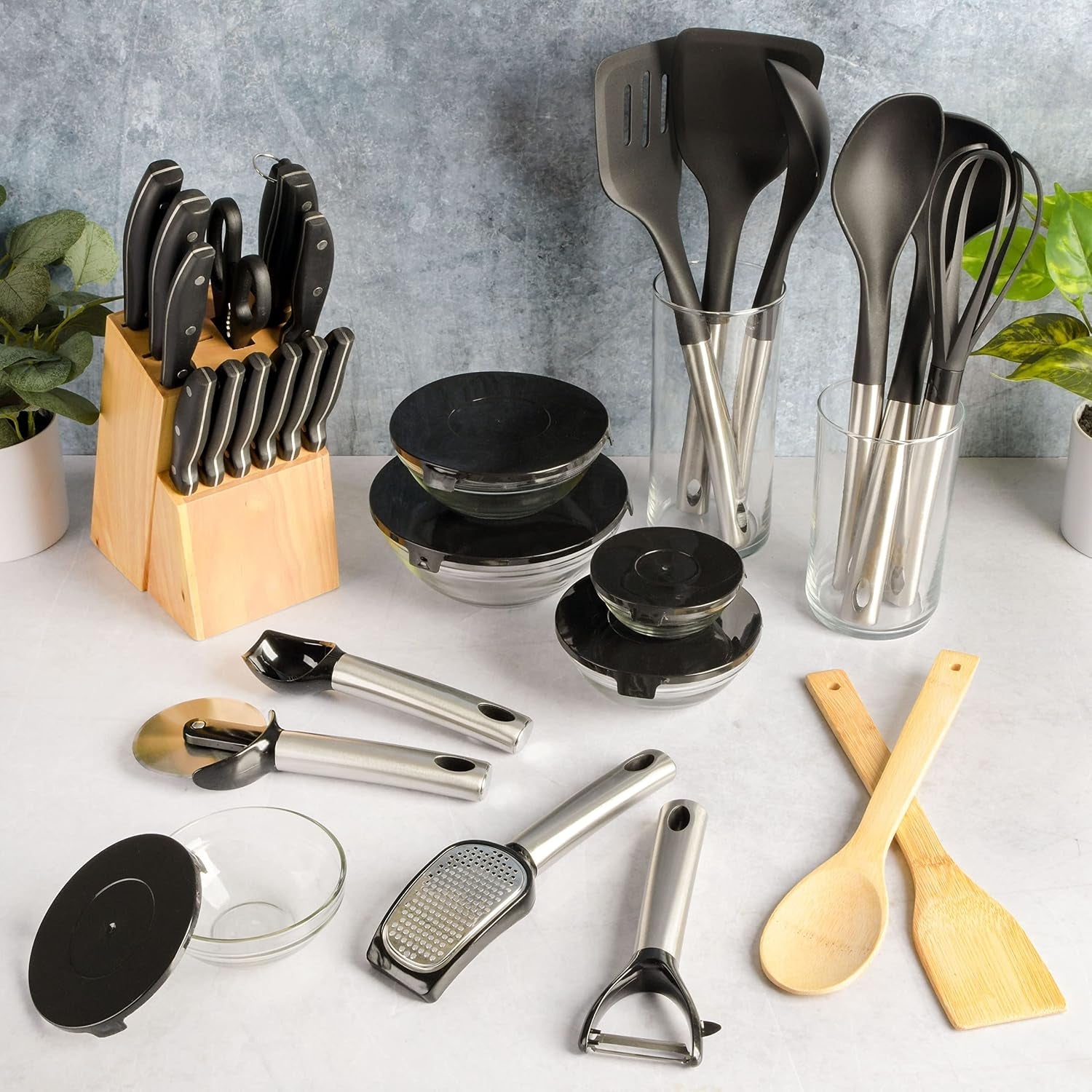 95-piece-kitchen-in-a-box-pots-and-pans-cookware-plates-and-bowls-dinnerware-cutlery-knife-block-flatware-utensils-tools-gadgets-storage-glasses-set