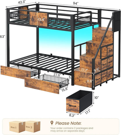 Bunk Bed Twin over Twin with Stairs, Storage Drawers and LED Lights2