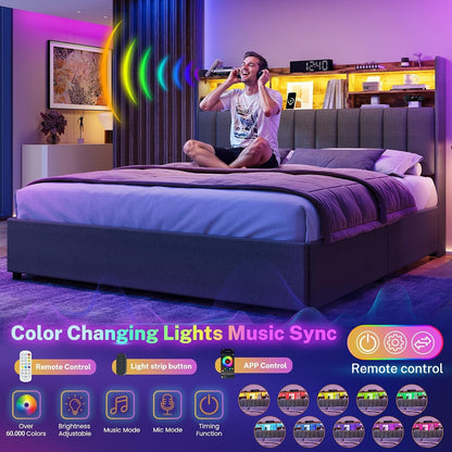 Queen Bed Frame with Headboard and 4 Drawers Storage, Bed Frame Queen Size Built in LED Lights and Charging Station, Sturdy & Noise-Free Upholstered Platform Metal Support Bed, Dark Grey6