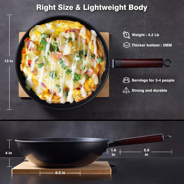 Carbon Steel Wok, 13" Woks & Stir-Fry Pans Nonstick with Glass Lid | Pre-Seasoned Flat Bottom Chinese Wok, Wok Pan with Spatula and Dish Brush for Induction, Electric, Gas, All Stoves2