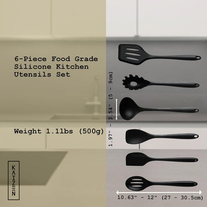 KAIZEN 6 Piece Silicone Utensils Set - All-Purpose Cooking Utensils Set for Kitchen - Non-Stick, Scratch & Heat Resistant Spoon & Spatula Set - Durable & Food Grade Cookware Tools (Black)2