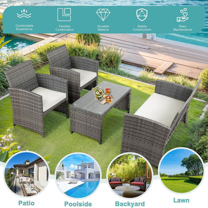 Patio Furniture Set 4 Piece Outdoor Furniture Set, PE Rattan Wicker Patio Conversation Set with Cushions & Glass Coffee Table, Backyard Patio Seating for Balcony Porch Garden Poolside, White5