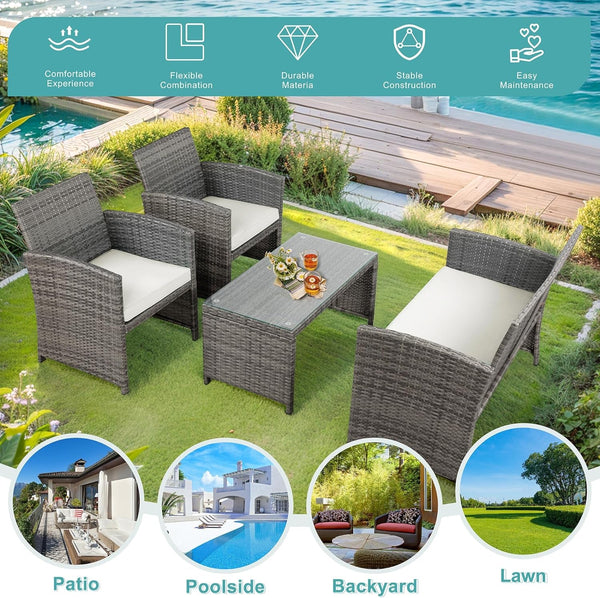 Patio Furniture Set 4 Piece Outdoor Furniture Set, PE Rattan Wicker Patio Conversation Set with Cushions & Glass Coffee Table, Backyard Patio Seating for Balcony Porch Garden Poolside, White5