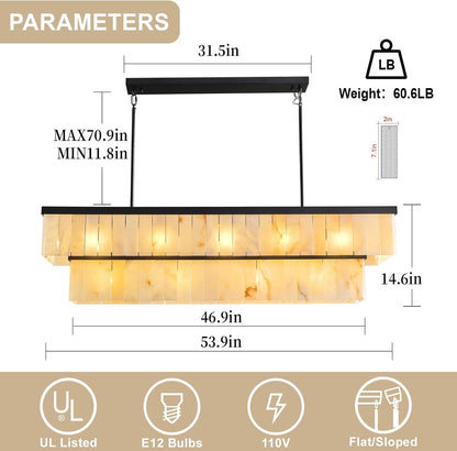 Rectangle Alabaster Chandelier, L54 Linear Chandeliers Dining Room over Table Pendant Light Modern Mrable Rectangular Chandelier for Kitchen Island Living Room 2-Tier Black(Include 16 Bulbs)4