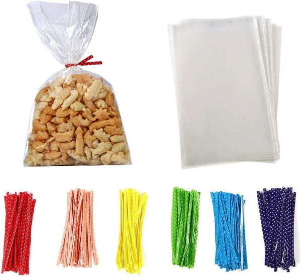 100 Pcs 10 in X 6 in Clear Flat Cello Cellophane Treat Bags Good for Bakery, Cookies, Candies,Dessert(By Brandon)1.4Mil.Give Metallic Twist Ties!3