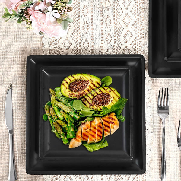 12 Piece Melamine Plates and Bowls Sets，Black Square Dinnerware Set for 46