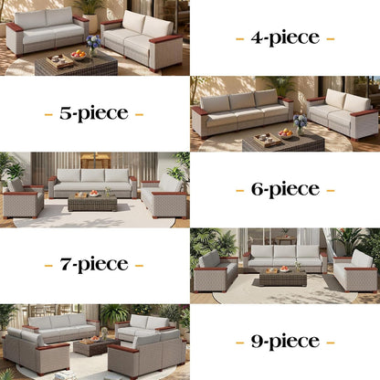 6-Piece Wicker Patio Furniture Set with Solid Wood Armrest, Outdoor Patio Set with Thick Legs, Uv-Resistant Modular Outdoor Sectional Sofa for Backyard, Porch, Garden8