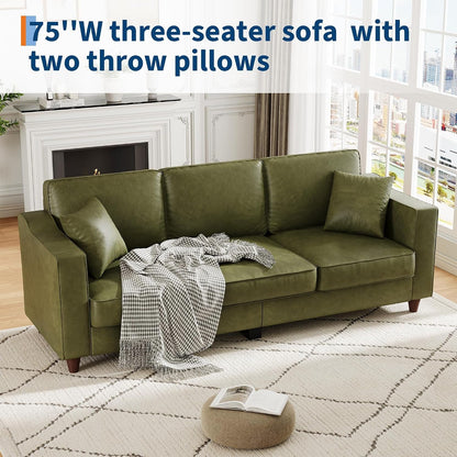 3 Seater Faux Leather Couch with 2 Throw Pillows, Sofa Couches, Olive Green3